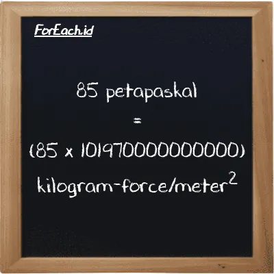 Cara konversi petapaskal ke kilogram-force/meter<sup>2</sup> (PPa ke kgf/m<sup>2</sup>): 85 petapaskal (PPa) setara dengan 85 dikalikan dengan 101970000000000 kilogram-force/meter<sup>2</sup> (kgf/m<sup>2</sup>)